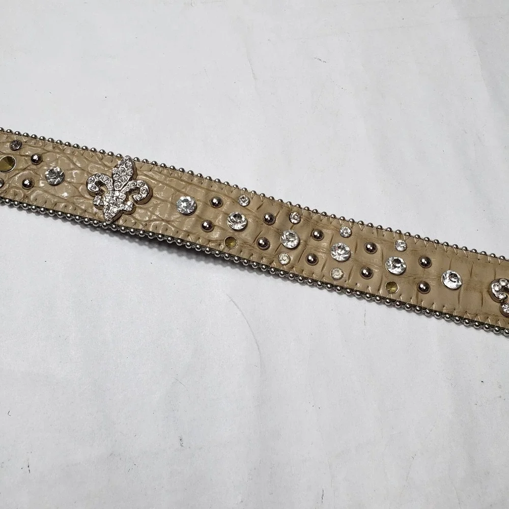 Genuine Leather Bling Western Belt Snakeskin Rhinestones Size Small Fleur-de-lis